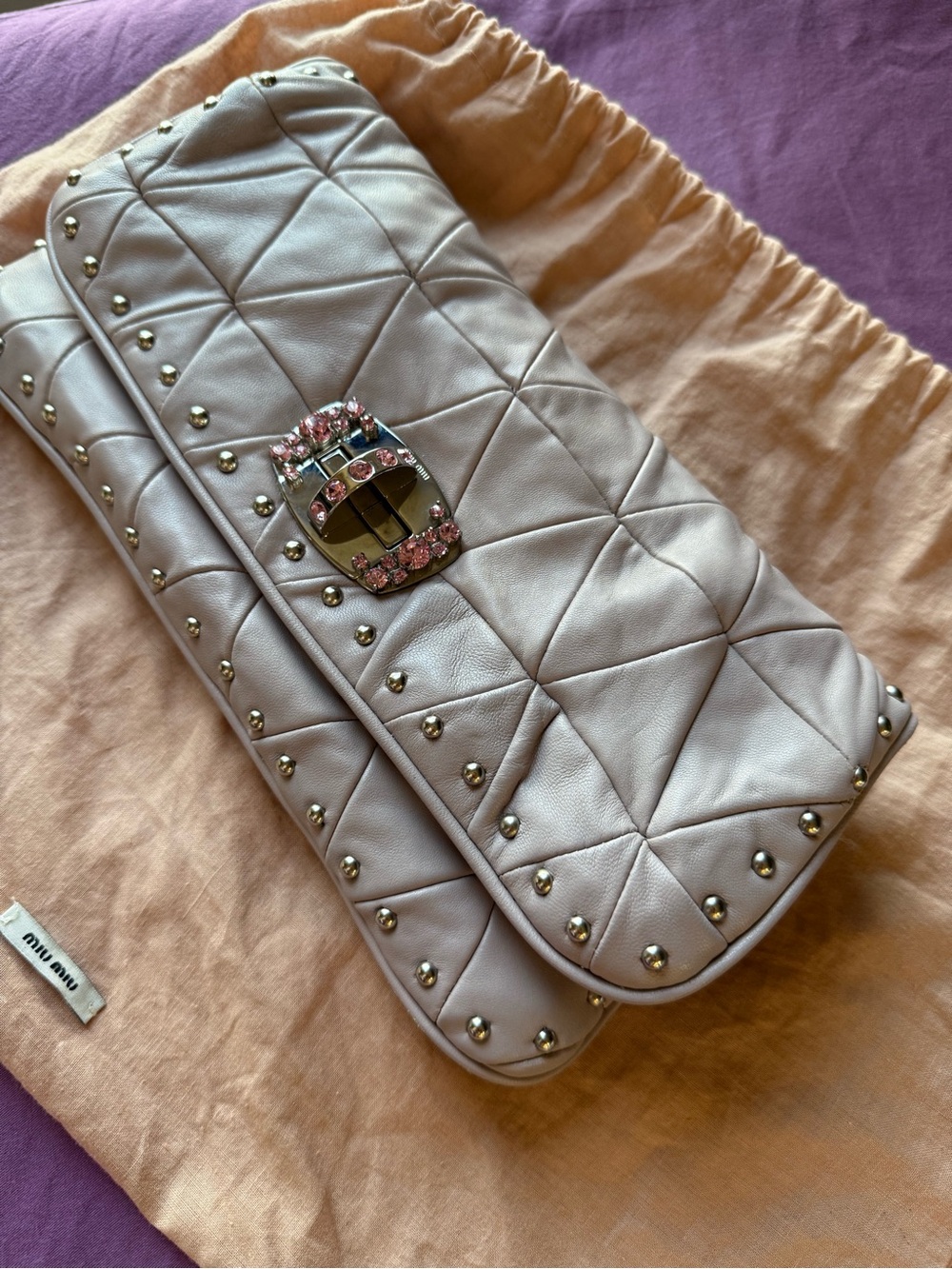 Miu Miu by Prada Quilt Studded Shoulder Bag Jeweled Chain Y2K Clutch Versatile - Picture 9 of 11